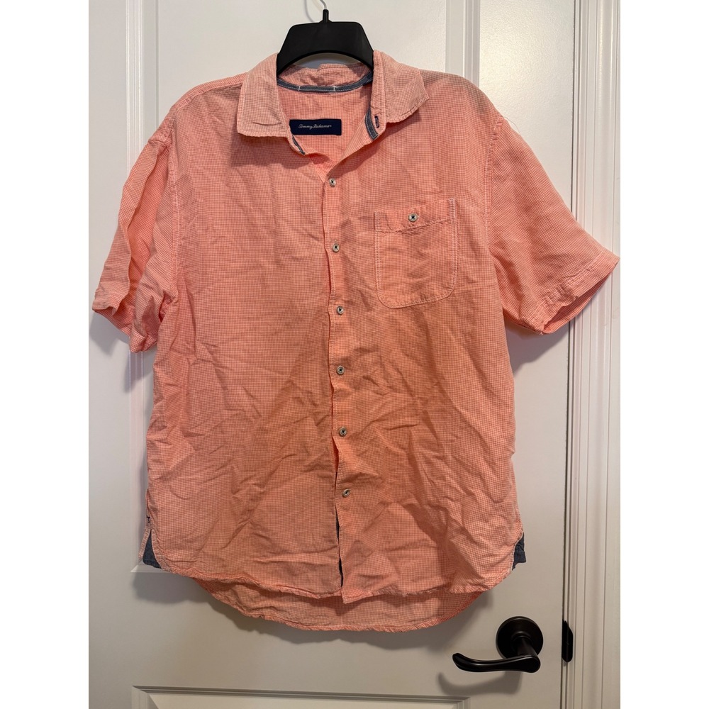 Tommy Bahama Button Down Mens L Orange Excellent‎ Linen Blend Gingham Shirt